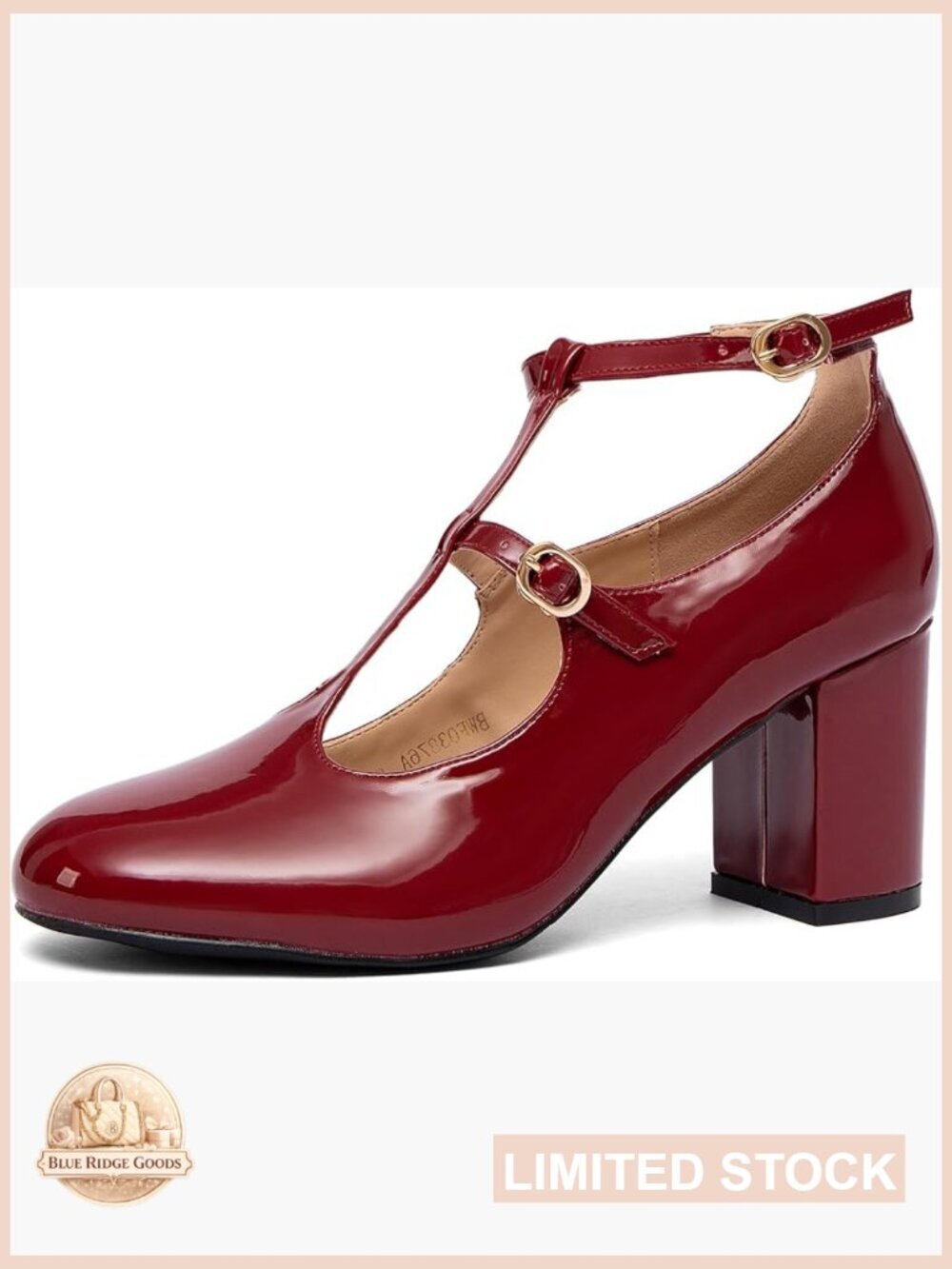 Patent Leather Pumps - Chunky Heel T-Strap Ankle Strap Round Toe Dress Shoes